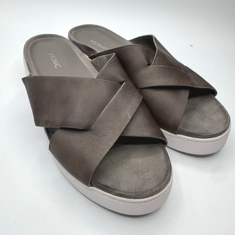 Vionic Slide Sandals Womens 9.5 Grey Leather Crisscross Platform Shoes